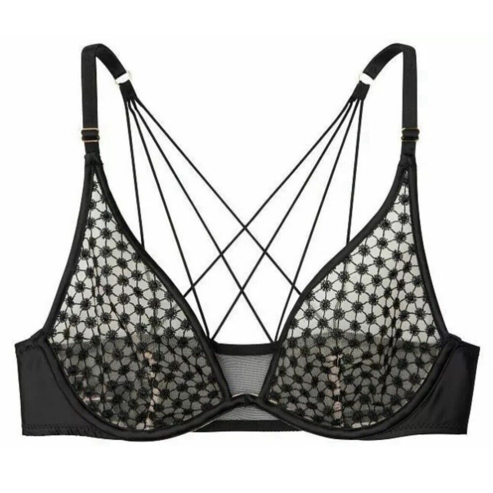 Victorias Secret Starburst Unlined Plunge Underwire Bra Black 34C READ Desc!